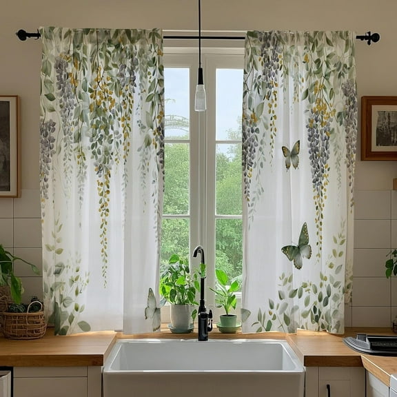 Watercolor Eucalyptus Leaves Kitchen Curtains Boho Gold Green Plant Small Short Bathroom Window Curtains Spring Botanical Butterfly Bedroom Drapes 2 Panels Window Treatment Tiers 26x36 Inch