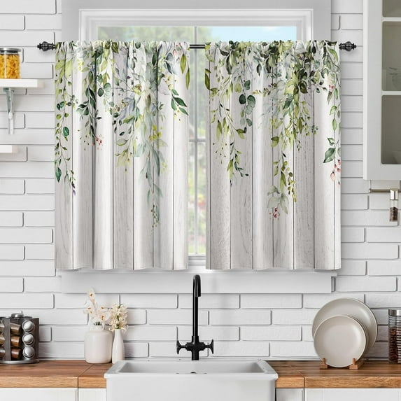 Watercolor Eucalyptus Leaves Kitchen Curtains: Farm Floral Botanical Short Cafe Curtains Decor for Dining Room Tier Curtains for Bathroom Rod Pocket Window Drapes 24 Inch Length 2 Panels Set