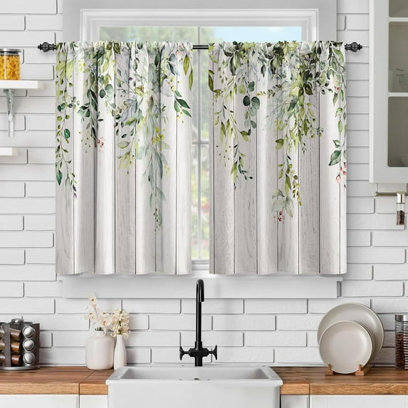 Watercolor Eucalyptus Leaves Kitchen Curtains: Farm Floral Botanical Short Cafe Curtains Decor for Dining Room Tier Curtains for Bathroom Rod Pocket Window Drapes 36 Inch Length 2 Panels Set