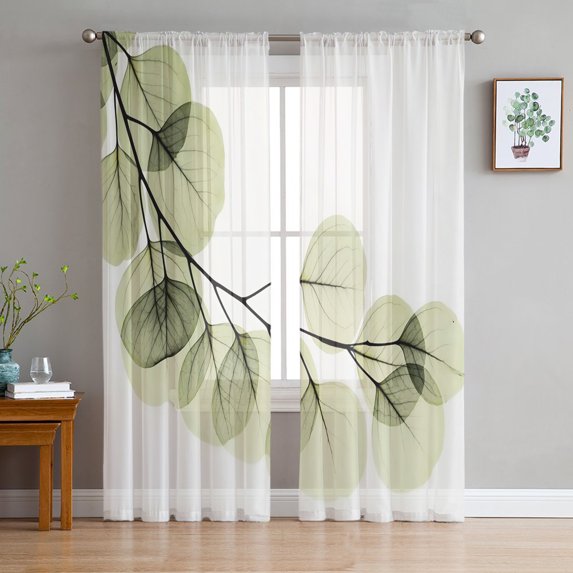 Watercolor Eucalyptus Leaves Plant Green Voile Tulle Sheer Curtains for Bedroom Living Room ...