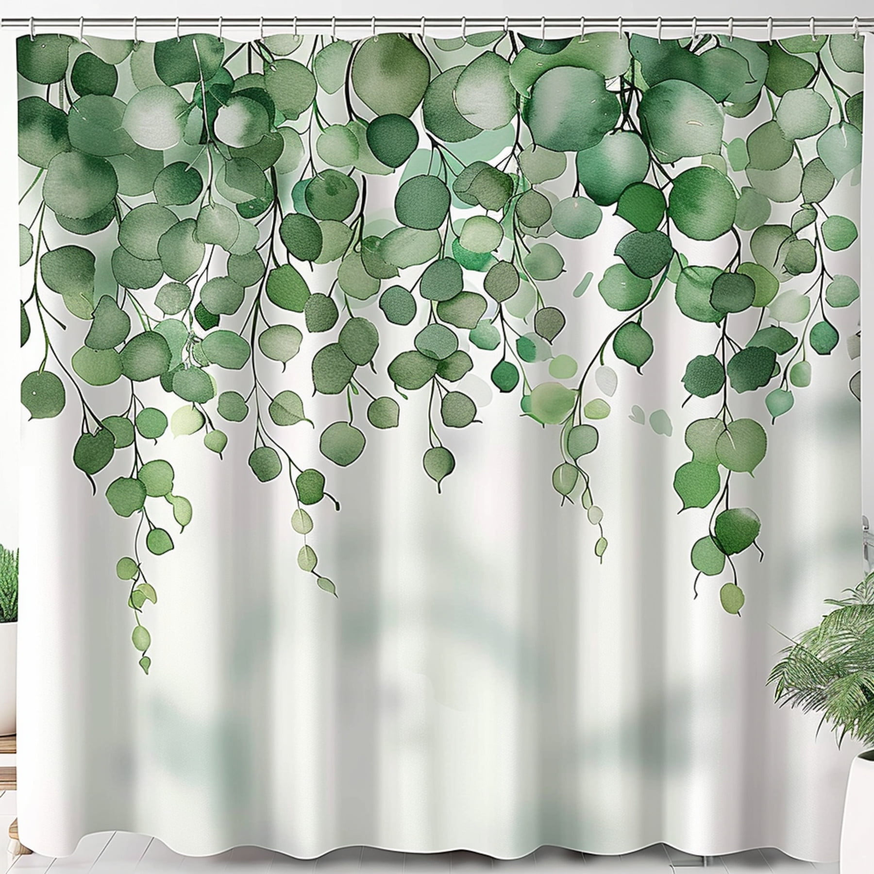 Watercolor Eucalyptus Leaves Shower Curtain Green Botanical Bathroom ...