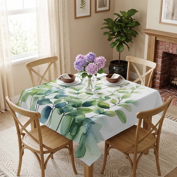 Watercolor Eucalyptus Leaves Square Tablecloth 54x54 Inch Ombre Green Waterproof Polyester Tablecloth for Dining Table, Washable Table Cover for Kitchen Dining Room Wedding Decoration,Stain Resistant