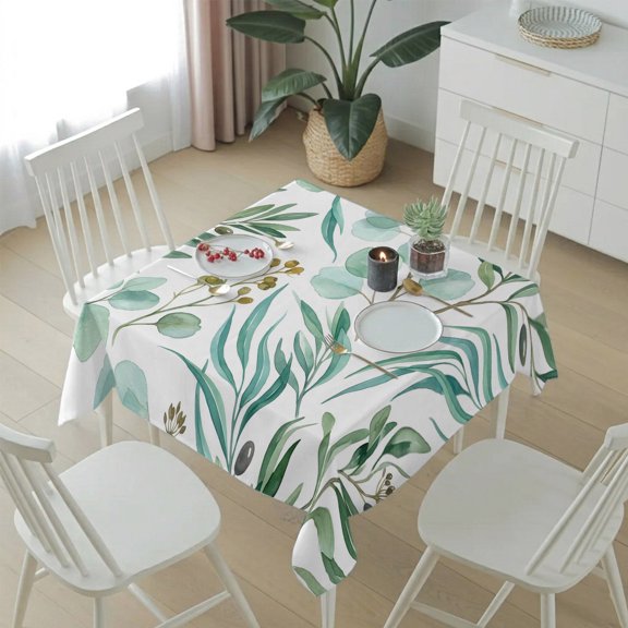 Watercolor Eucalyptus Leaves Table Cloth 54x54in, Waterproof Square Tablecloth Wipeable Tablecloths Spring Green Foliage Branch Table Covers for Dining Tables Party Indoor Outdoor