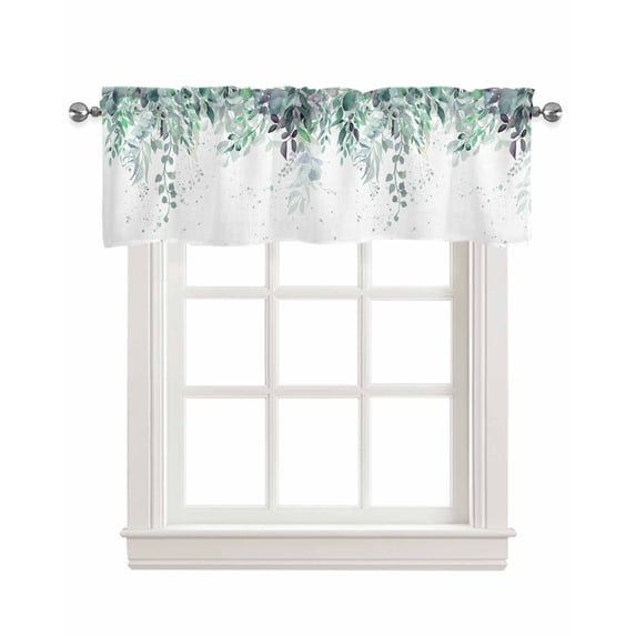 Watercolor Eucalyptus Linen Curtain Valance for Bedroom/Bathroom/Kitchen/Office/Living/Dining Room Window,Botanical Sweeping Leaves White Rod Pocket Topper Decorative Cafe Drapes Panel 60"x18"