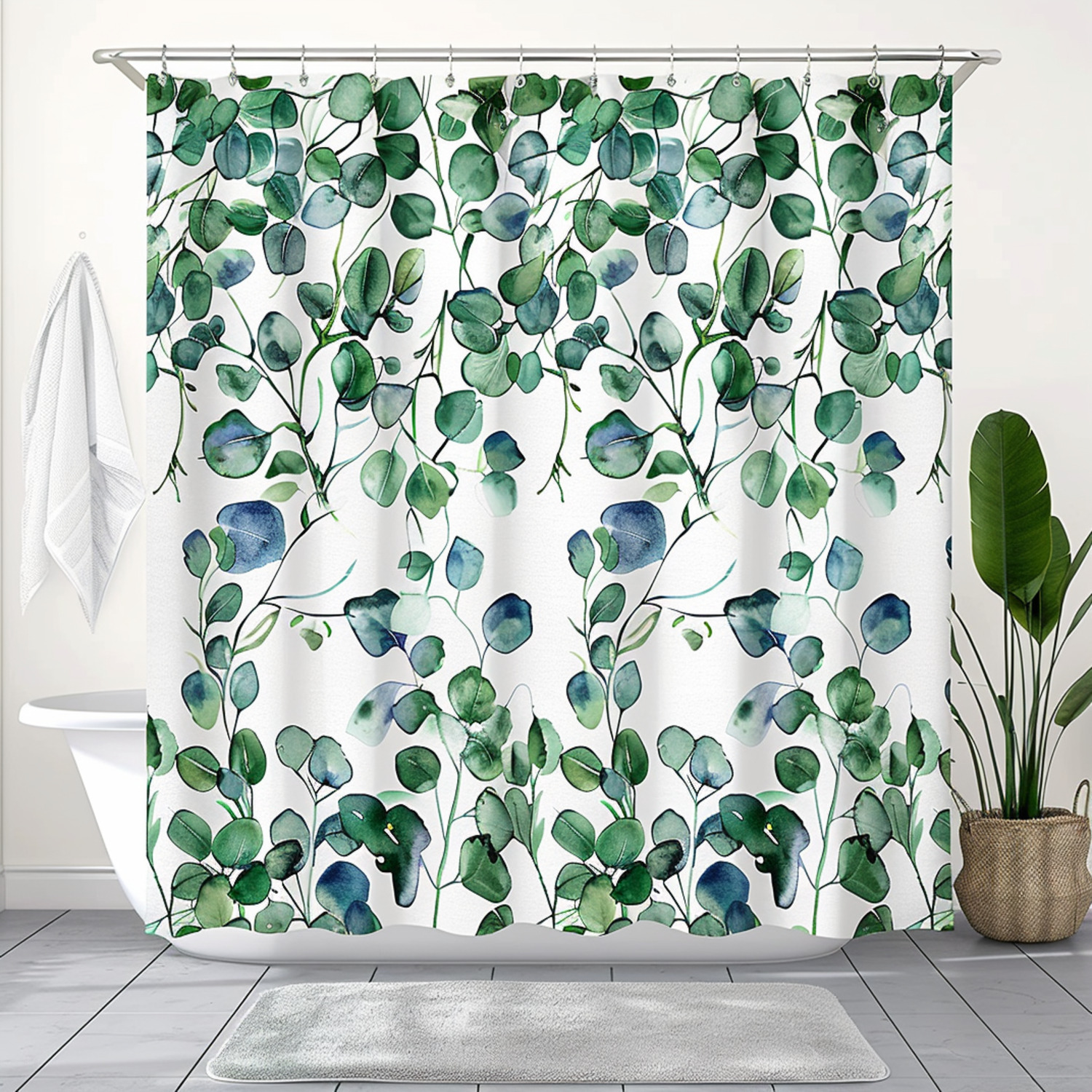 Watercolor Eucalyptus & Palm Leaf Bathroom Decor Set Pastel Green