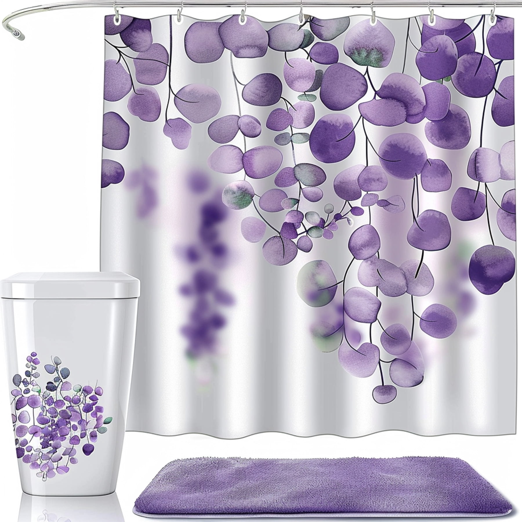 Watercolor Eucalyptus Purple and White Bathroom Set Shower Curtain Cup Elegant Floral Design for ...