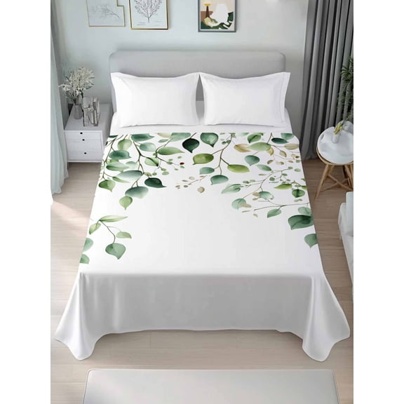 Watercolor Eucalyptus Queen Size Flat Sheet, Wrinkleproof & Fadeproof Cooling Flat Bed Sheet Only, Sage Green Aesthetic&nbsp;Floral Plant Breathable Soft Bedding Top Sheets 90 x 102 Inches