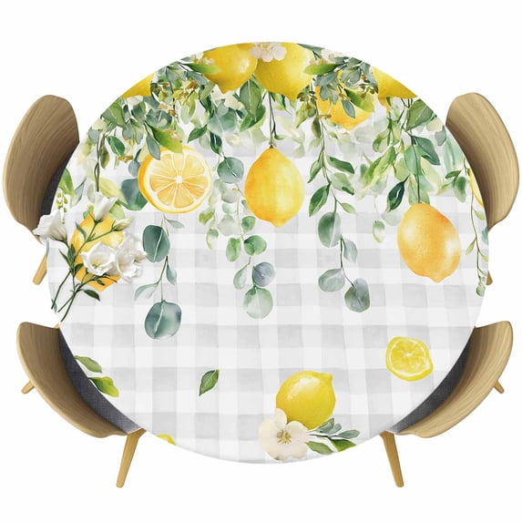 Watercolor Eucalyptus Round Tablecloth, Fitted Table Cover with Elastic for 45"-54" Round Tables, Gray Plaid Flower Sweeping Leaf Table Cloth Outdoor Indoor Dinning Party Waterproof Tablecloths