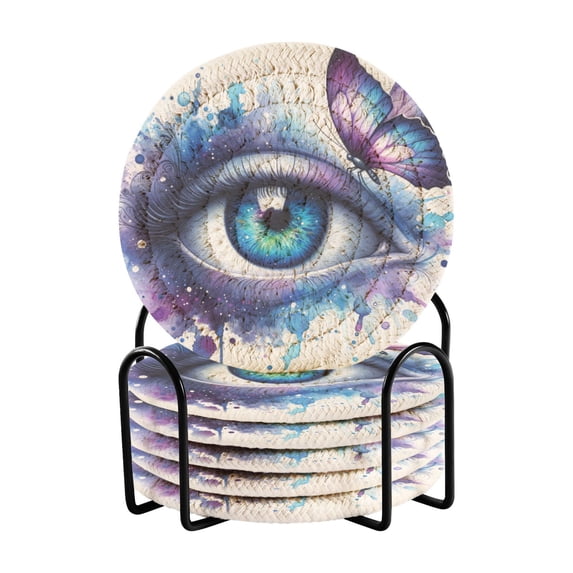 Watercolor Eye with Butterfly Coasters with Holder for Coffee Table 6 Pcs Drink Coaster Sets Absorbent for Home Decor 4 inch