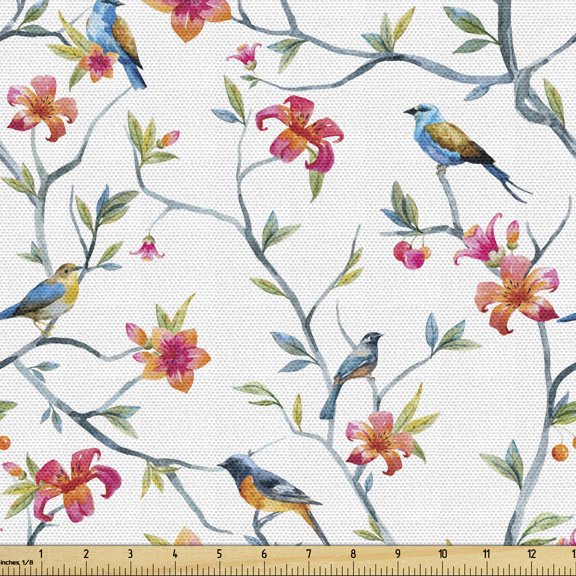 Watercolor Fabric by the Yard, Birds on Branches with Flowers and Leaves Scenes from Nature Cherry Tree Image, Upholstery Fabric for Dining Chairs Home Decor Accents, 2 Yards, Multicolor by Ambesonne