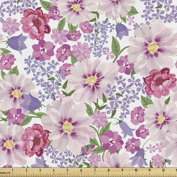 Watercolor Fabric by the Yard, Blossoming Field in Graceful Spring Theme Fresh Carnation Poppy Peony, Upholstery Fabric for Dining Chairs Home Decor Accents, 3 Yards, Lavender Pink Green by Ambesonne
