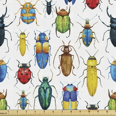 Ambesonne Watercolor Fabric by the Yard Upholstery, Colorful Insects, 1 Yard, Multicolor