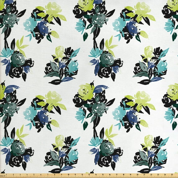 Watercolor Fabric by the Yard, Continuous Pattern with Abstract Cold Toned Wild Roses Botanical Art Graphic, Decorative Upholstery Fabric for Sofas and Home Accents, Multicolor by Ambesonne