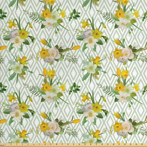 Ambesonne Watercolor Fabric by the Yard Upholstery, Blooming Floral Nature, 2 Yards, Pale Green Yellow White