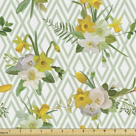 Ambesonne Watercolor Fabric by the Yard Upholstery, Blooming Floral Nature, 1 Yard, Pale Green Yellow White