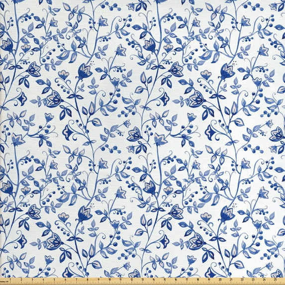 Watercolor Fabric by the Yard, Illustration of Long Branches with Budding Flowers and Leaves, Upholstery Fabric for Dining Chairs Home Decor Accents, Blue White and Ceil Blue by Ambesonne