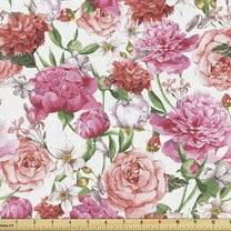 Ambesonne Watercolor Fabric by the Yard Upholstery, Pink Peonies Roses, 2 Yards, Multicolor