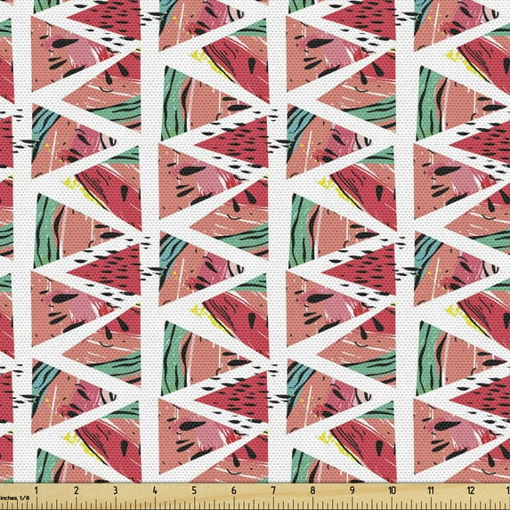 Watercolor Fabric by the Yard Upholstery, Abstract Watermelon Pattern in Triangles Hipster Hand Drawn Tropical, Decorative Fabric for DIY and Home Accents, Coral Pink Turquoise by Ambesonne