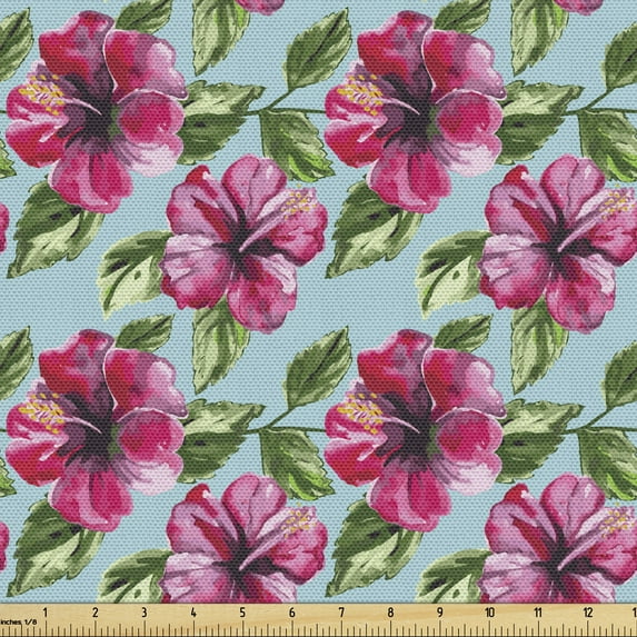 Watercolor Fabric by the Yard Upholstery, Close up Painting of Hibiscus and Leaves, Decorative Fabric for DIY and Home Accents, Hot Pink Eggplant by Ambesonne