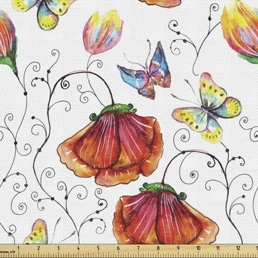 Ambesonne Watercolor Fabric by the Yard Upholstery, Natural Scene Butterfly, 2 Yards, Multicolor