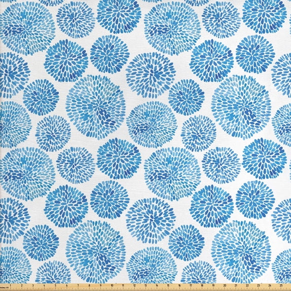 Watercolor Fabric by the Yard Upholstery, Japanese Flower Circle Petal Pattern Spring Inspired Hand Drawn Eastern, Decorative Fabric for DIY and Home Accents, Sky Blue by Ambesonne