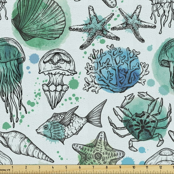 Watercolor Fabric by the Yard Upholstery, Seaweed Splashes Underwater Fauna Starfish Jellyfish, Decorative Fabric for DIY and Home Accents, Seafoam Deep Sky Blue by Ambesonne