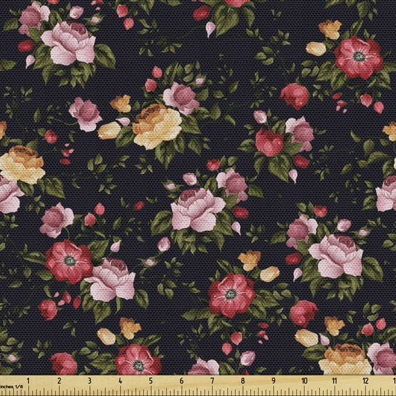 Ambesonne Watercolor Fabric by the Yard Upholstery, Vintage Rose Garden, 2 Yards, Multicolor