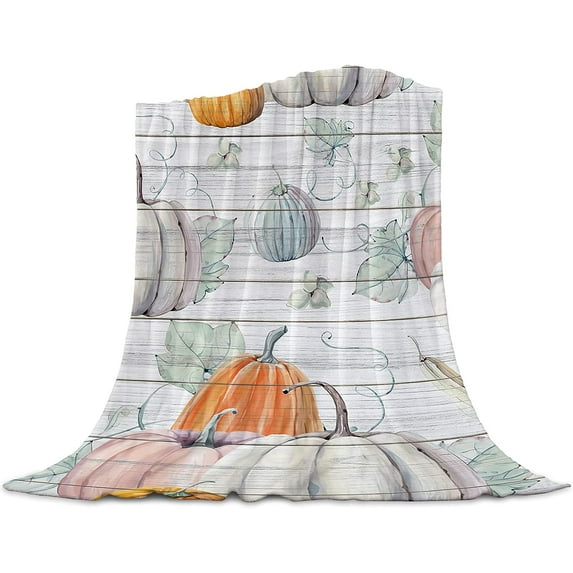 Watercolor Fall Harvest Farm Pumpkins Throw Blankets, Grey Vintage Wood Soft Fleece Blanket Decorative for Home Sofa Couch Chair Living Bedroom,40x50 inches, Thanksgiving