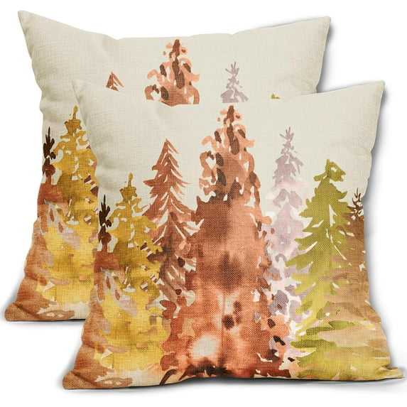 Watercolor Fall Tree Pillow Covers 18x18 Set of 2 Rustic Style Autumn Nature Themed Burnt Orange Yellow Forest Print Decorative Throw Pillows Linen Cushion Case Decor for Sofa Couch Bed