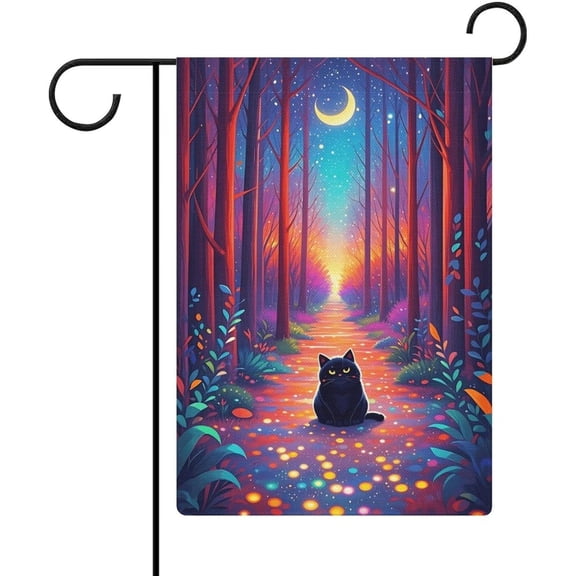 Watercolor Fantasy Colorful Forest Black Cat Garden Flag 12x18 Inch Double Sided, Yard Flags for Seasonal Outside Outdoor Decoration
