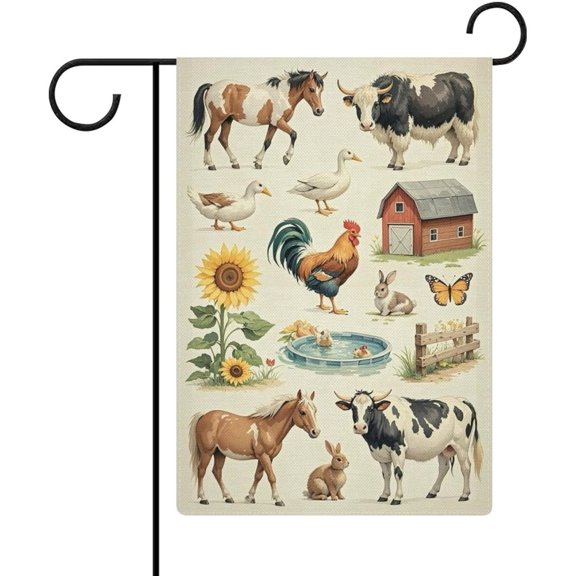Watercolor Farm Animals Garden Flag Double Sided Burlap 12x18 Inch Small Outdoor Welcome Yard Decoration