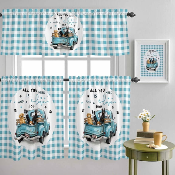 Watercolor Farm Truck Dogs Curtain Tier and Valance Set 3 Piece, Blue Checker All You Need Quote 3-inch Rod Pocket Window Tier Curtains Valance for Kitchen Living Room
