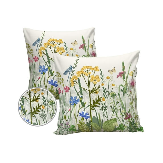 Watercolor Farmhouse Flowers Outdoor Pillow Covers Set of 2, Decorative Waterproof Throw Pillow Case, Colorful Natural Floral Cotton Linen Soft Cozy Cushion Pillowcases