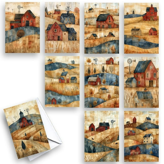 Watercolor Farmhouses All-Occasion Blank Note Greeting Cards | 10 Pack Assortment Bulk Variety Set (4x6)