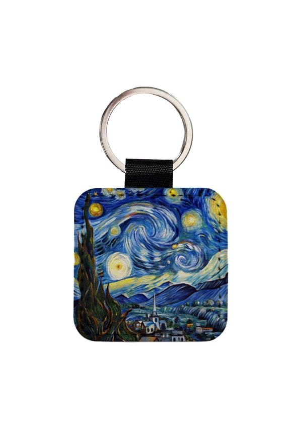 Watercolor Faux Van Gogh Starry Night Faux Leather Square Keychain