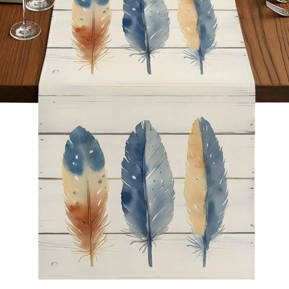 Watercolor Feather 48 Inch Table Runner, Vintage Country Wooden Grain Art Farmhouse Dresser Scarf Cotton & Linen Tablerunner for Dining/Kitchen Island/Holiday Party Décor 13" x 48"