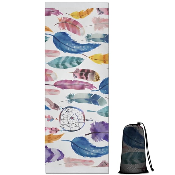 Watercolor Feather and Dreamcatcher Pattern Hot Yoga Mat Towel Non Slip for Hot Yoga - Quick-Drying Yoga Mat Cover with 4 Corner Pockets with Travel Bag - Hot Yoga Towel Non Slip 70"x26"