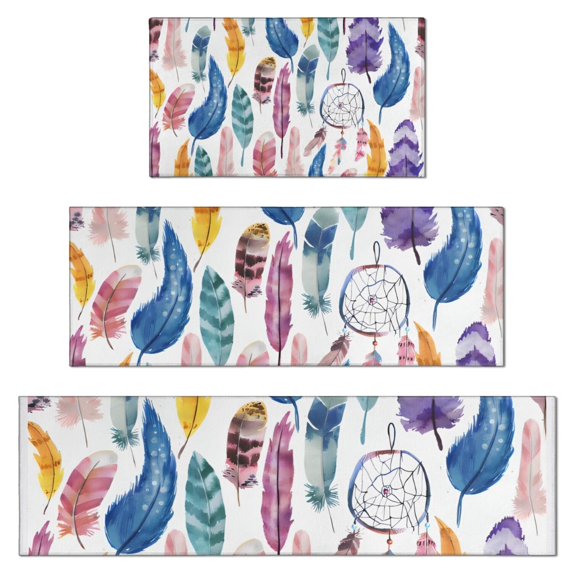 Watercolor Feather and Dreamcatcher Pattern Kitchen Rugs Sets Of 3,Kitchen Runner Rugs Non Skid Washable,Decorative Kitchen Floor Mats for Kitchen,Sink,Laundry,17"x30"+ 17"x47" + 17"x59"