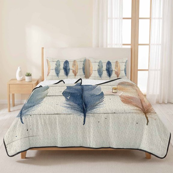 Watercolor Feather Farm Wood Grain 3 Pieces Quilt Set,1 Quilt with 2 Shams,Rustic Beige Wooden Plank Bedspread Soft Lightweight Bedding Coverlet Comforter Set for All Season 96"x106"
