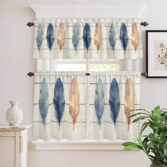 Watercolor Feather Farm Wood Grain Curtain Tier and Valance Set 3 Piece,Rustic Beige Wooden Plank 3-inch Rod Pocket Window Tier Curtains Valance for Kitchen Living Room