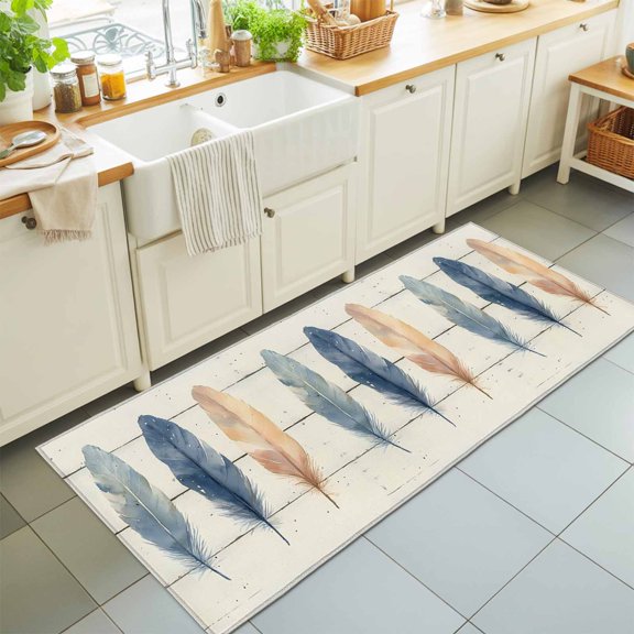 Watercolor Feather Farm Wood Grain Rectangle Area Rug 2x6ft,Living Room Rug Non-Slip Washable Circle Rugs Pad,Rustic Beige Wooden Plank Soft Floor Carpet for Bedroom Dining Room