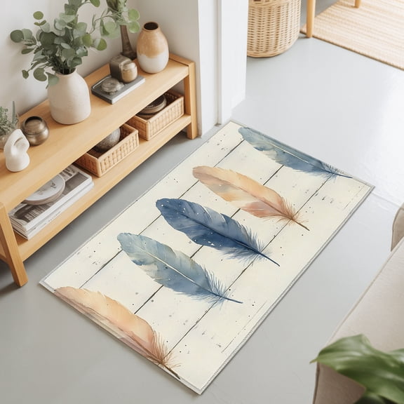 Watercolor Feather Farm Wood Grain Rectangle Rug 2'x3' Rustic Beige Wooden Plank Washable Area Rugs for Living Room Bedroom Entryway Non Slip Entrance Door Mat Indoor Floor Carpet