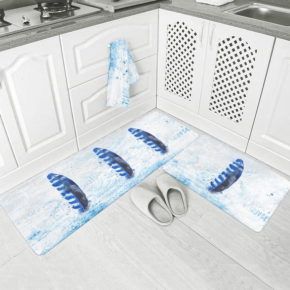 Watercolor Feather Kitchen Floor Mats, Blue White Shabby Chic 2 PCS Anti Fatigue Area Runner Rugs Set Mottled Art Non-Slip Bathroom Comfort Standing Mat Home Decor