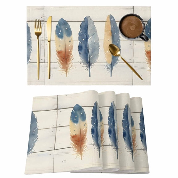 Watercolor Feather Placemats Set of 4 Vintage Country Wooden Grain Art Place Mats Indoor Wipeable Table Mats Washable Cloth Dining Table Placemats for Kitchen Holiday Party Home Decor 13x19 Inch
