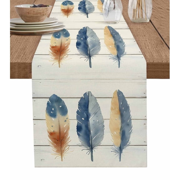 Watercolor Feather Table Runner 72 Inches, Vintage Country Wooden Grain Art Bed Runner Dresser Scarves Tabletop for Indoor Outdoor Parties/Ceremony/Banquet, 13" x 72"
