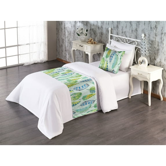 Watercolor Feathers Bed Runner Set, Tropical Colors Pattern with Modern Boho Design Nature Tones, Decorative Bedding Scarf & a Pillow Sham for Hotels Homes, Twin, Lime Green Mint Green, by Ambesonne
