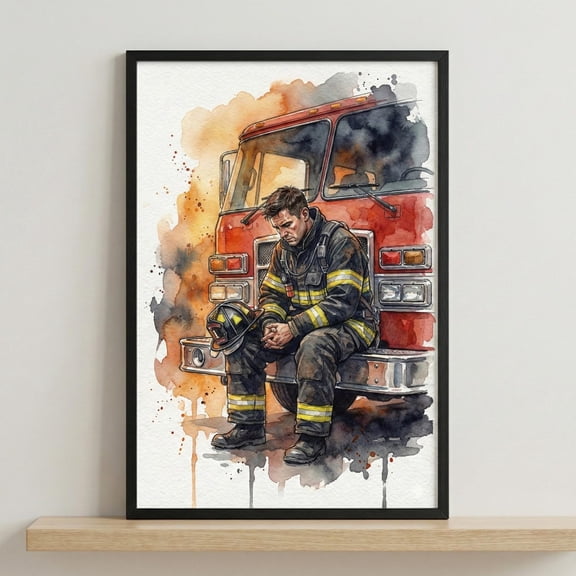 Watercolor Firefighter Art Fireman Wall Decor Firefighter Gift Fire Truck Illustration Fir