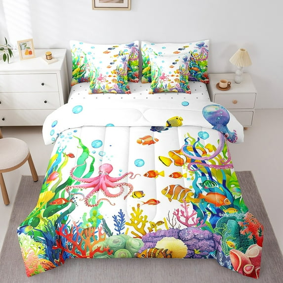 Watercolor Fish 7 Piece Comforter Set Full Bed in a Bag,Octopus Tentacles Nautical Coastal Bedding Set Rainbow Coral Ocean Sheet Sets with Comforter Sea Animal Bed Set,Green Seaweed Room Decor