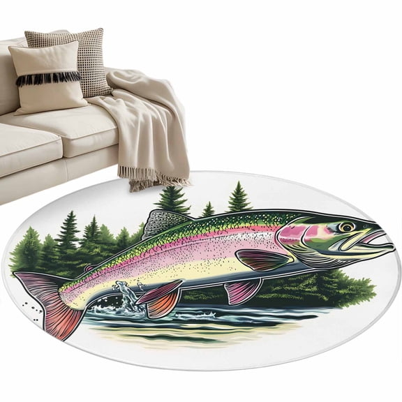 Watercolor Fish Area Rug, Fishing Bass Washable Large Circle Carpet, Non Slip Round Rug for Living Room/Bedroom/Dining Room/Home Office/Dorm
