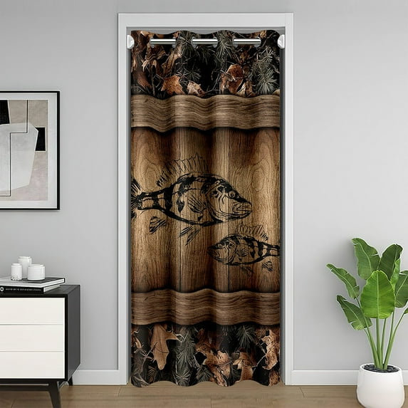 Watercolor Fish Blackout Curtain 34"W X 80"L for Bedroom,Fishing and Hunting Door Curtain for Doorway Privacy,Farmhouse Rustic Door Drape,Wooden Plank Camo Room Divider Curtain